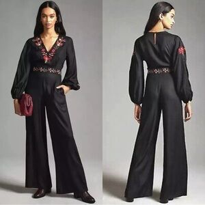 ANTHROPOLOGIE x FARM RIO Embroidered Flower Black Wide-Leg Jumpsuit Sz M